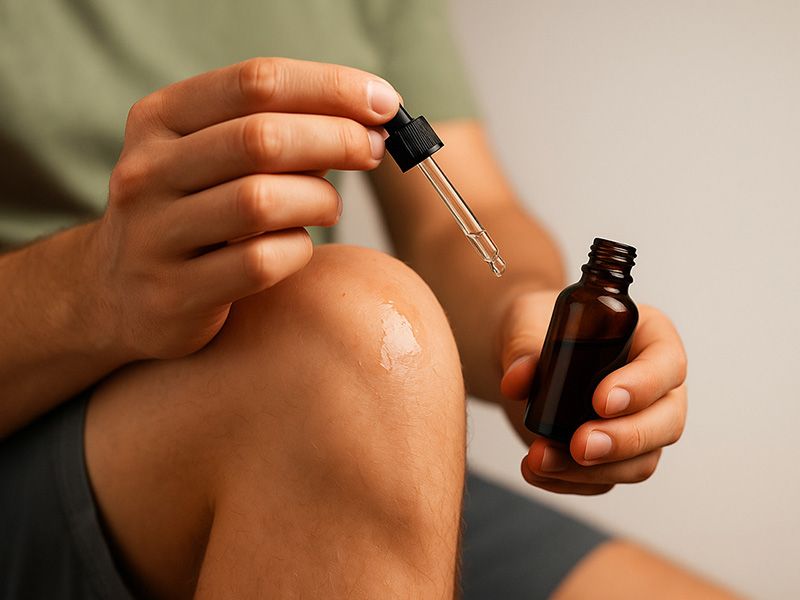 mano di uomo che applica olio corpo Reloi Active sul ginocchio con contagocce