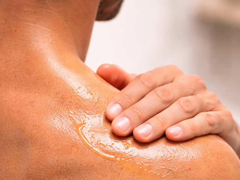 Uomo di spalle mentre applica olio sulla spalla, con focus sulla texture del prodotto e sulla zona muscolare.