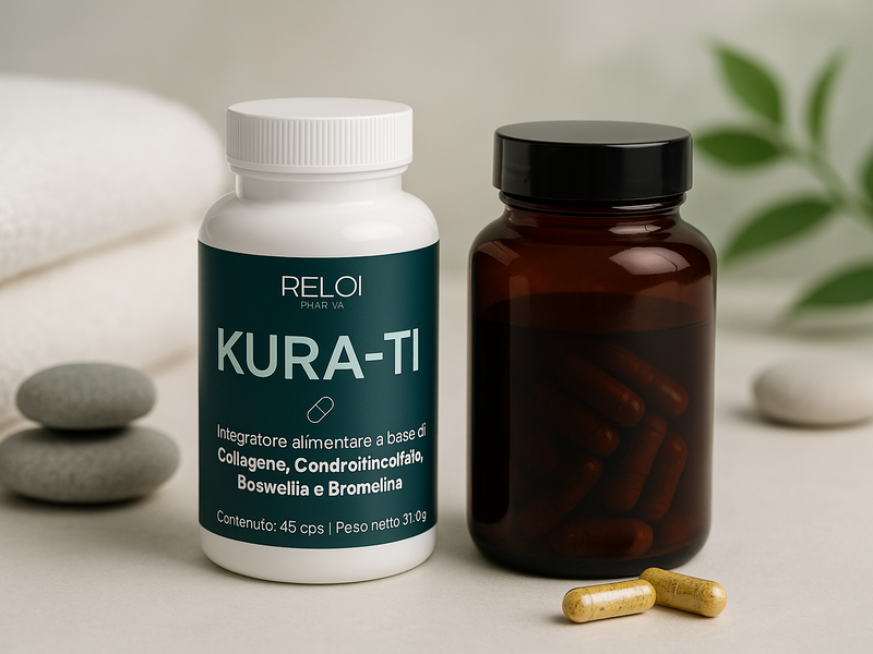 Bottiglia di integratore KURA-TI Reloi accanto a un flacone ambrato con capsule, su sfondo wellness con asciugamani bianchi, pietre levigate e foglie verdi.