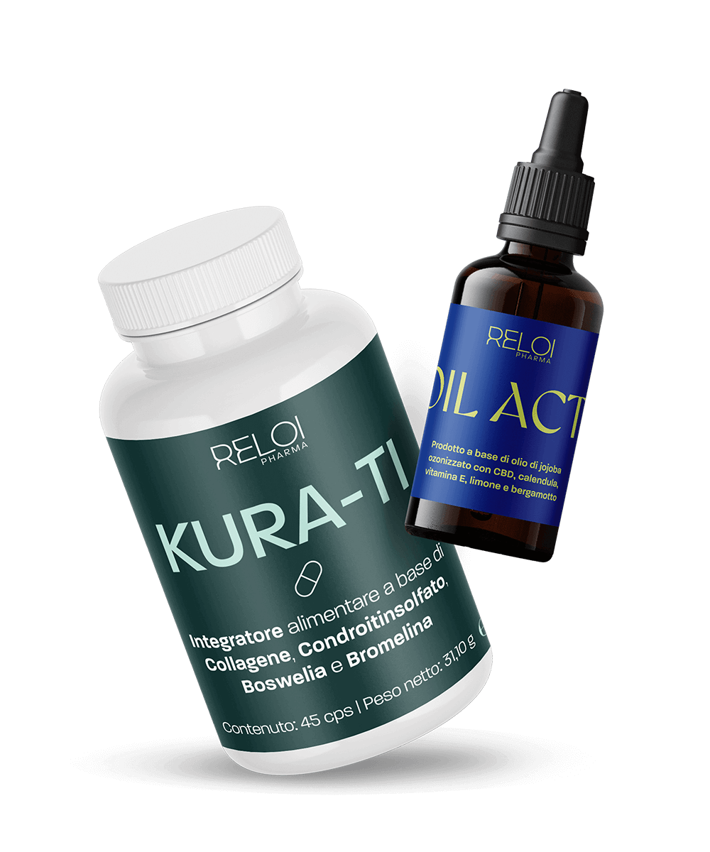 Flacone di integratore KURA-TI e boccetta di olio corpo Reloil Active con contagocce presentati inclinati in stile mockup