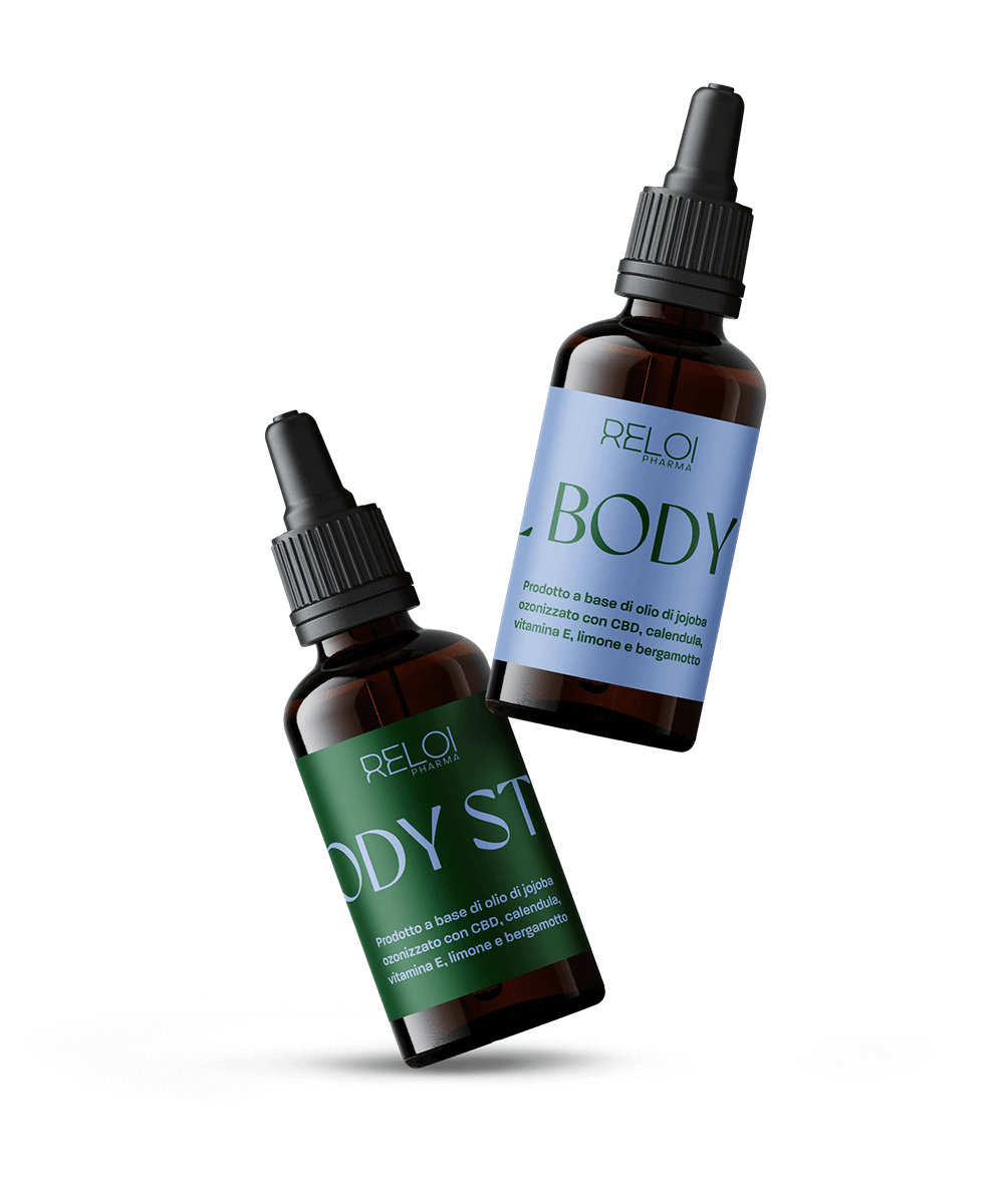 Due boccette con contagocce dei prodotti Reloil BODY e BODY STRONG, con etichette verde chiaro e verde