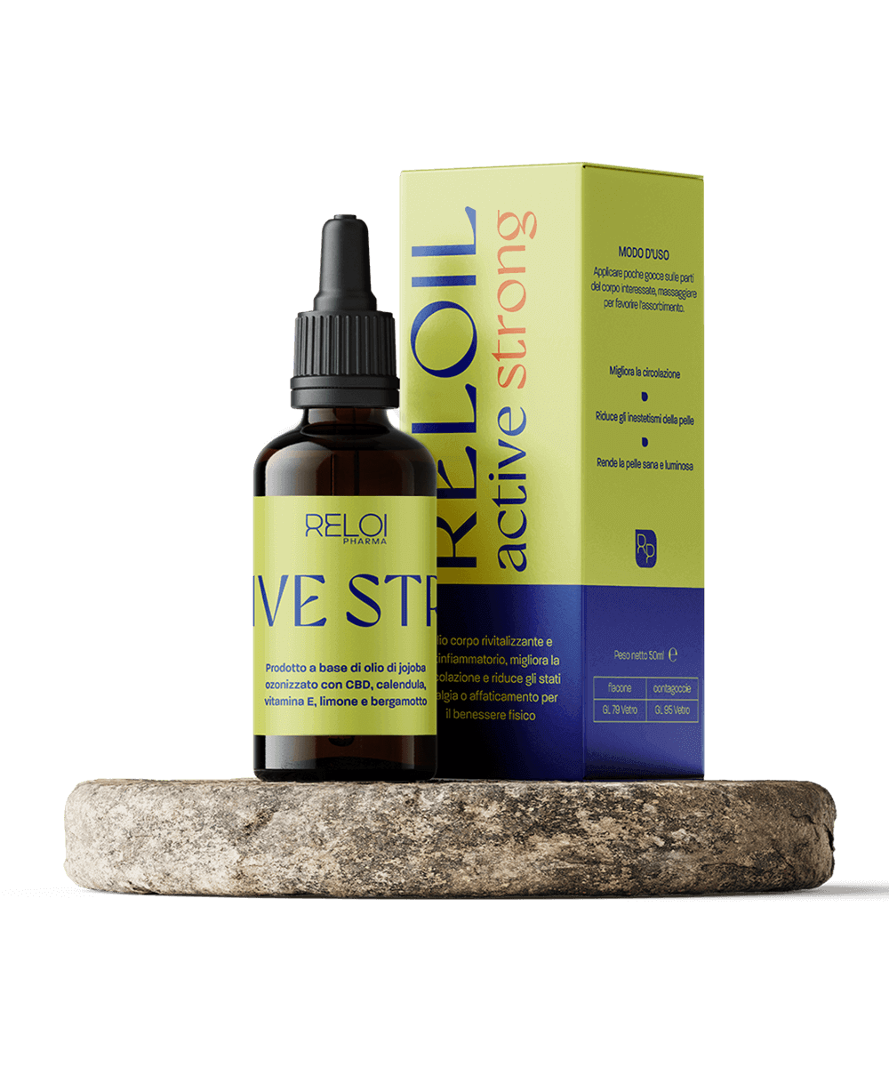 Packshot Reloil Active Strong: olio corpo rivitalizzante con effetto termico, mostra il flacone ambrato con etichetta giallo-verde e la scatola coordinata su una base di pietra naturale.