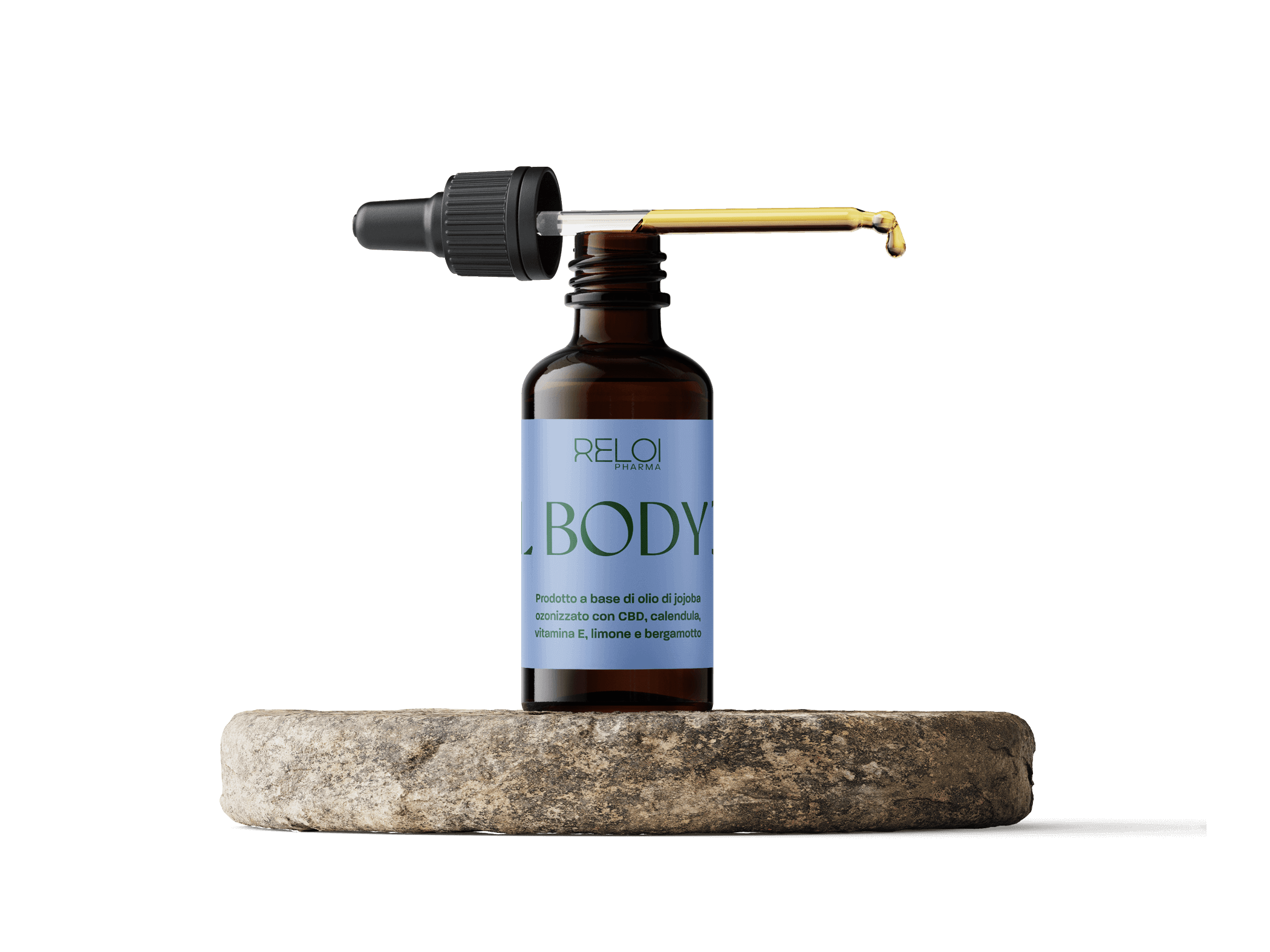 Olio corpo BODY di Reloi Pharma con pipetta e goccia in uscita, posizionato su supporto in pietra, su sfondo trasparente.