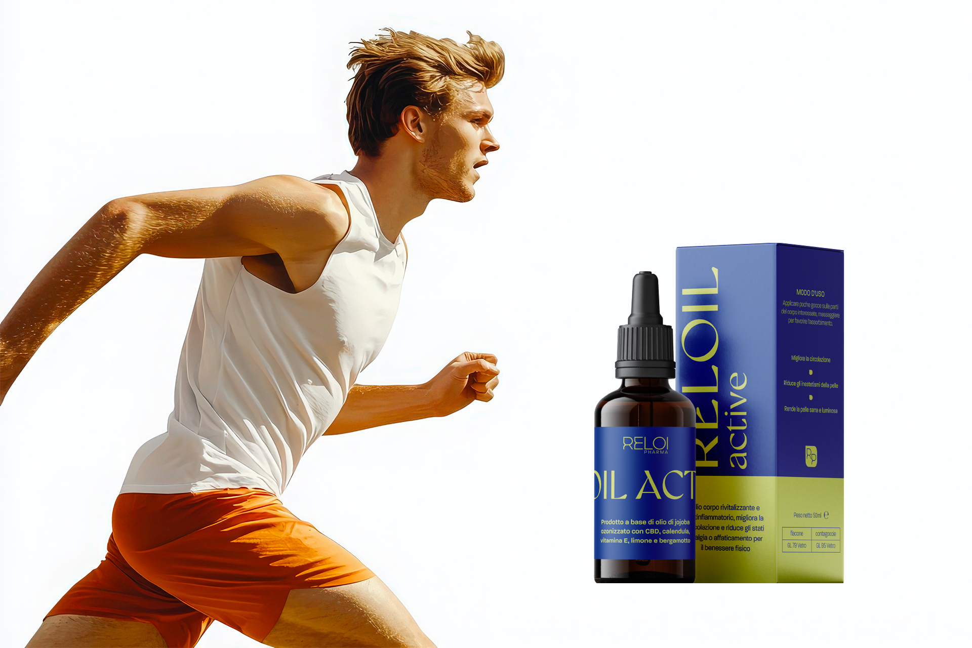 Atleta in corsa su sfondo chiaro a fianco del prodotto Reloil Active.