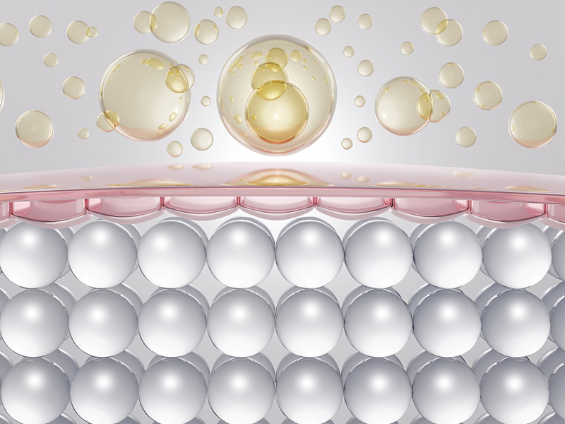 Illustrazione 3D del collagene che penetra nella pelle o nelle articolazioni, con molecole sferiche