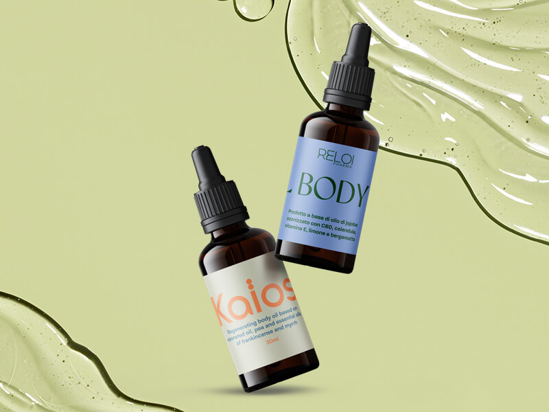 Confronto tra Kaïos Body Oil e Reloil Body: due oli corpo Reloi Pharma per esigenze diverse, uno senza CBD con PEA, l’altro tonificante con CBD