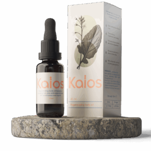 Packshot Kaïos Body Oil: flacone ambrato con etichetta “Kaïos” e scatola coordinata con grafica botanica, in posa su base di pietra
