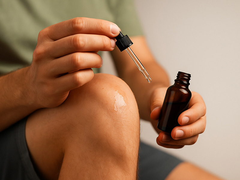 mano di uomo che applica olio corpo Reloi Active sul ginocchio con contagocce