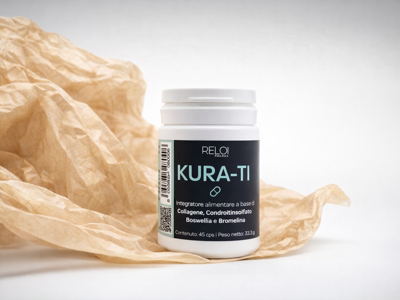 Barattolo bianco dell’integratore RELOI KURA-TI appoggiato su carta kraft stropicciata, su sfondo chiaro beige.