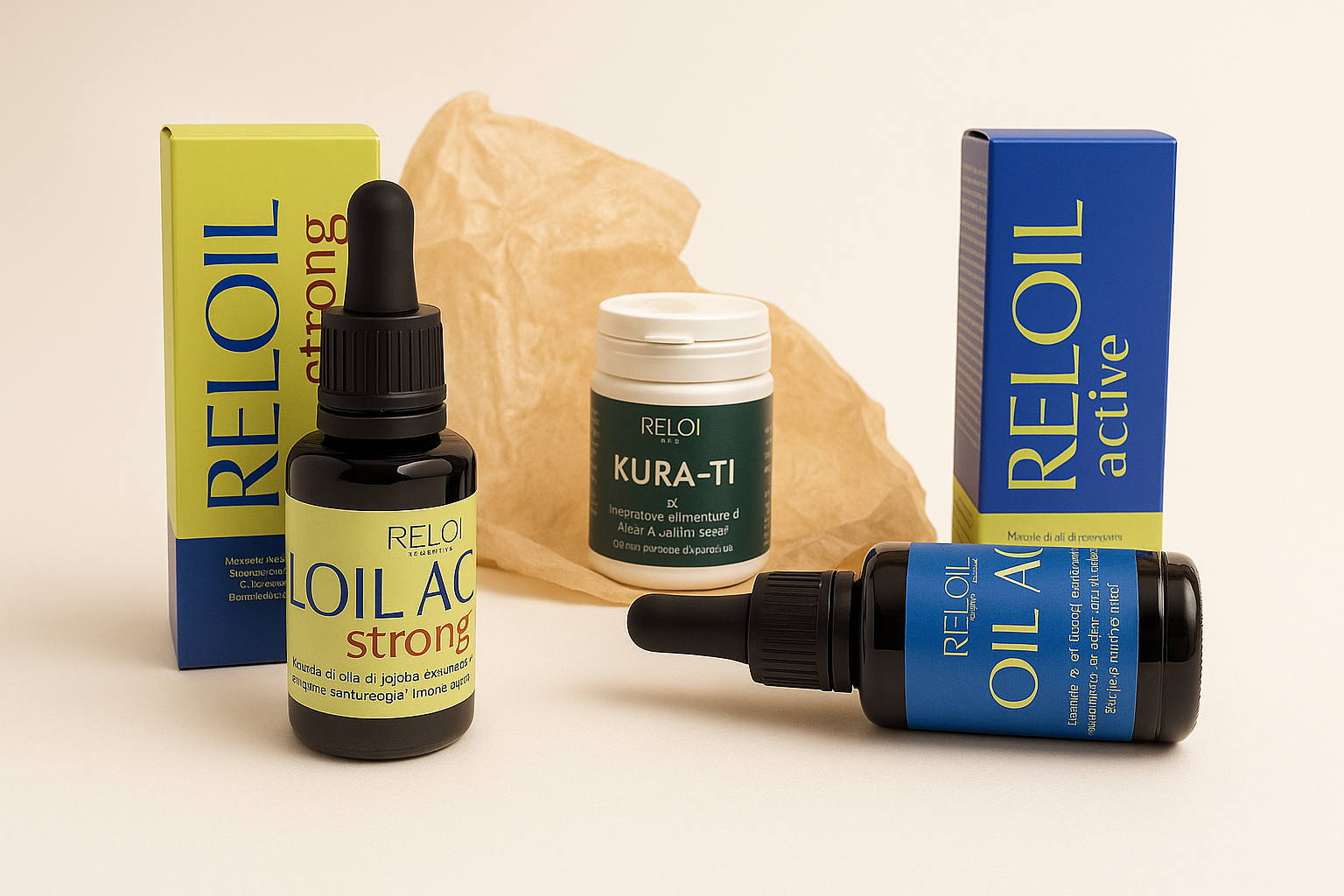 Tris di prodotti RELOI (RELOIL ACT strong, RELOIL ACT e integratore KURA-TI) disposti su carta kraft davanti a uno sfondo beige chiaro, fotografati in still life con luce morbida e professionale.