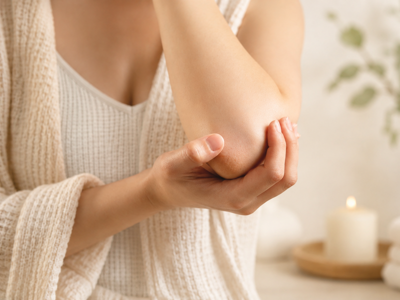 Donna in accappatoio chiaro che si sostiene il gomito in un ambiente wellness, con candela accesa, asciugamani e piante sullo sfondo.