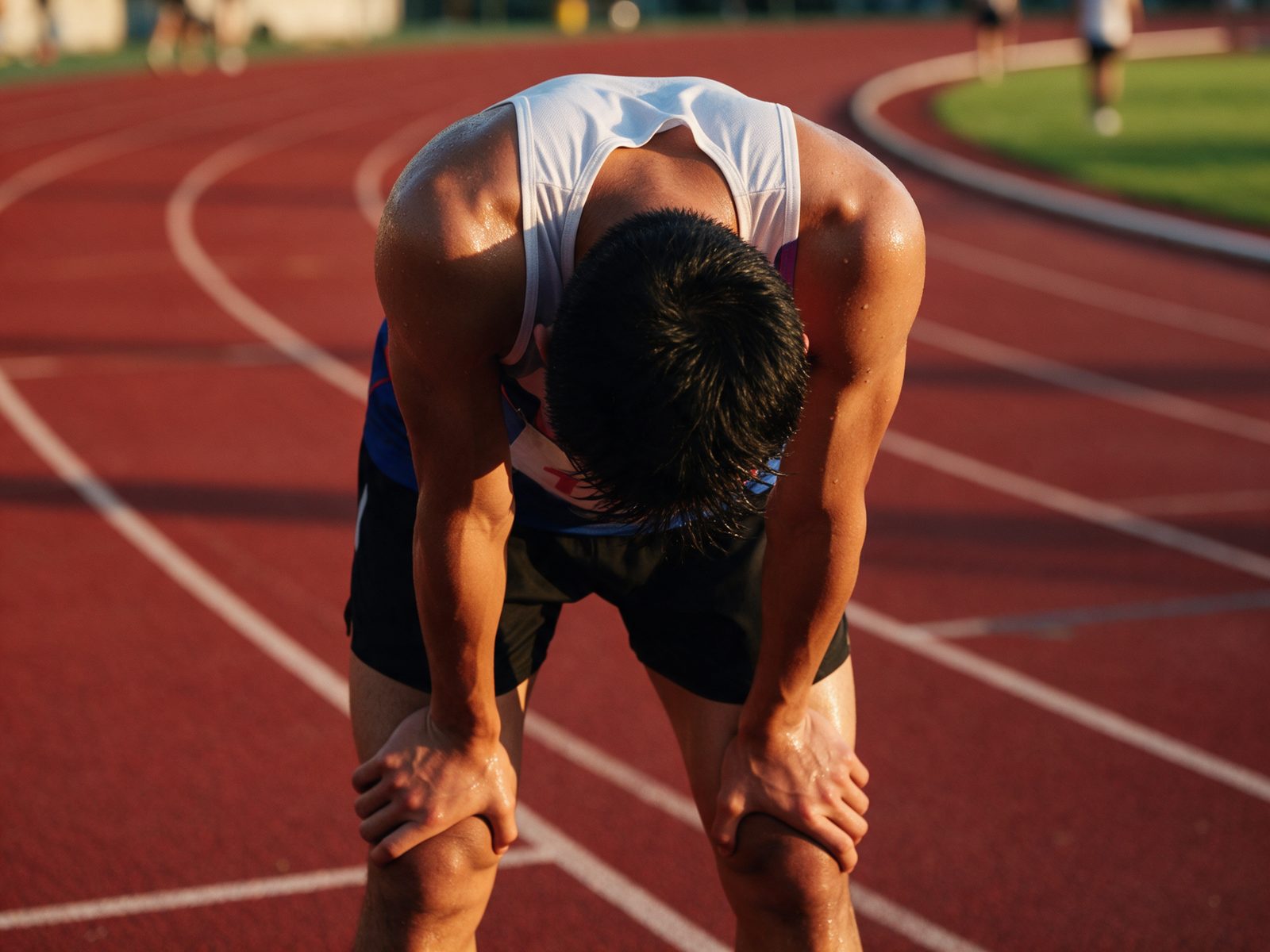Atleta piegato con le mani sulle ginocchia dopo uno sprint in pista