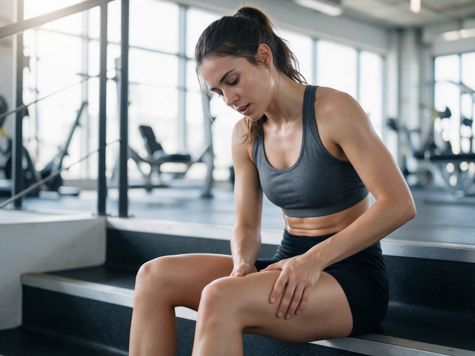 Ragazza seduta in palestra che si massaggia la coscia per i dolori muscolari del giorno dopo