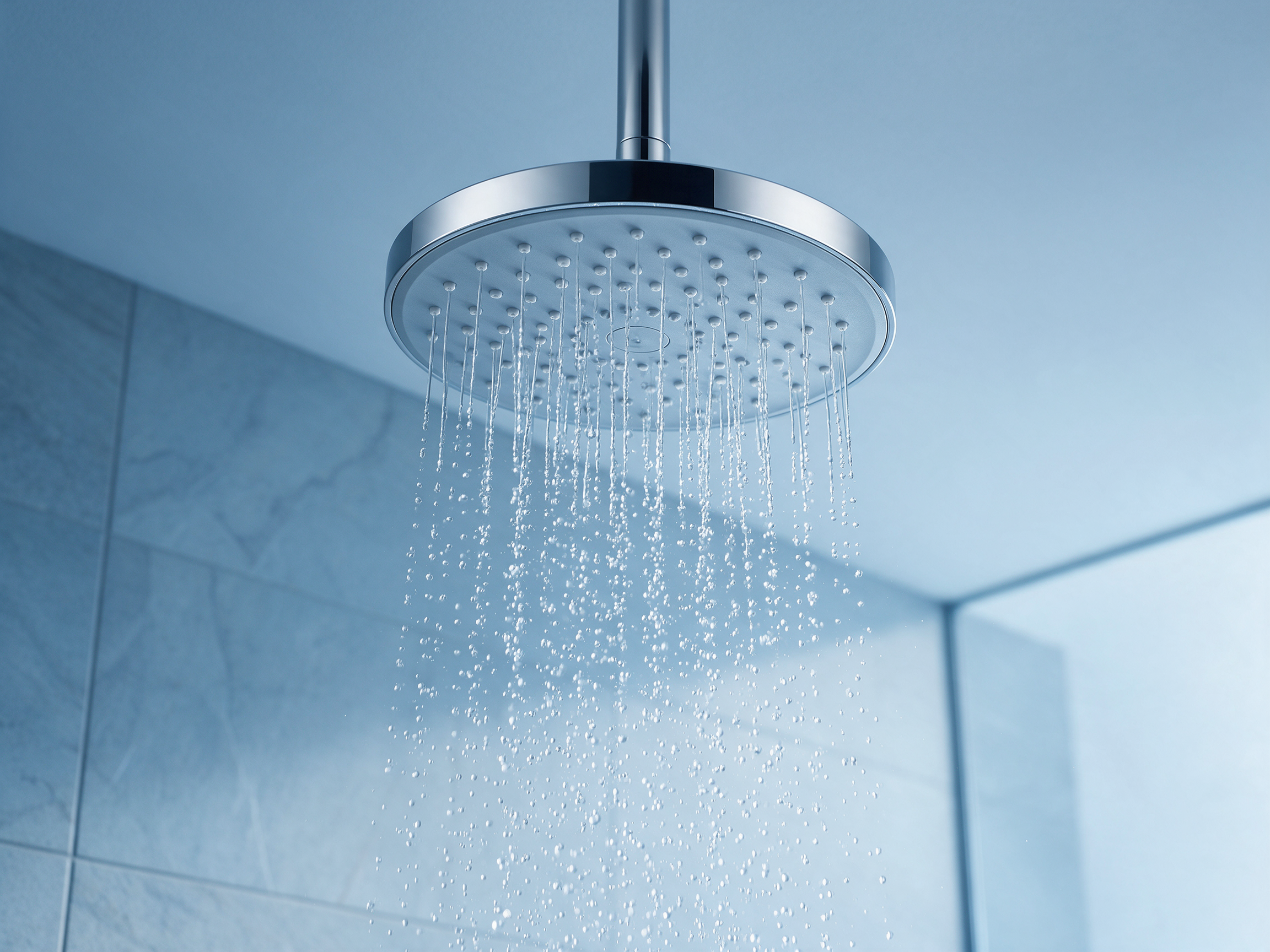 Primo piano di un soffione doccia moderno e cromato, con getti d’acqua in un bagno dalle tonalità azzurre e rivestimenti effetto marmo.